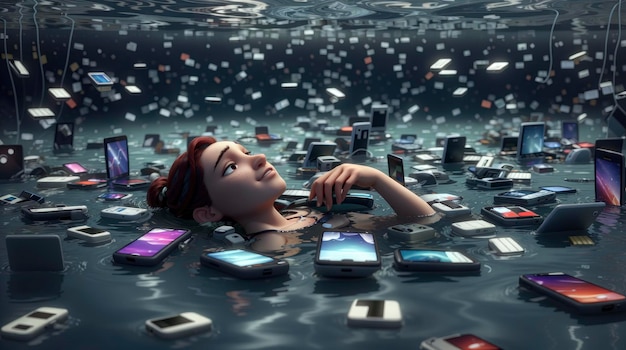 une femme allongée dans une piscine de téléphones portables dans l'eau avec beaucoup d'entre eux