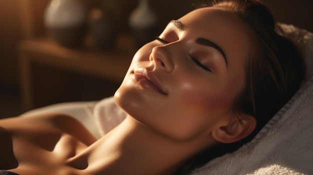 Photo une femme allongée dans une robe de spa en peluche les yeux fermés dans la pure relaxation comme un thérapeute qualifié appli