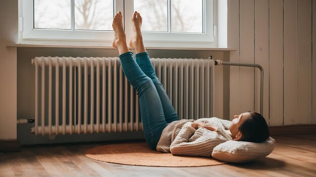 Femme allongée sur le sol avec les pieds sur le radiateur pour se réchauffer