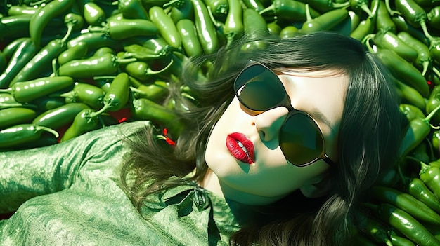 Une femme allongée sur le sol avec des poivrons verts Generative Ai