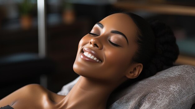 Une femme allongée sur une table de massage son visage serein alors qu'elle profite d'un embo de traitement facial apaisant