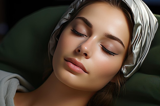 Photo femme allongée avec les yeux fermés portant des écouteurs et un bandeau et se reposant close-up ia générative