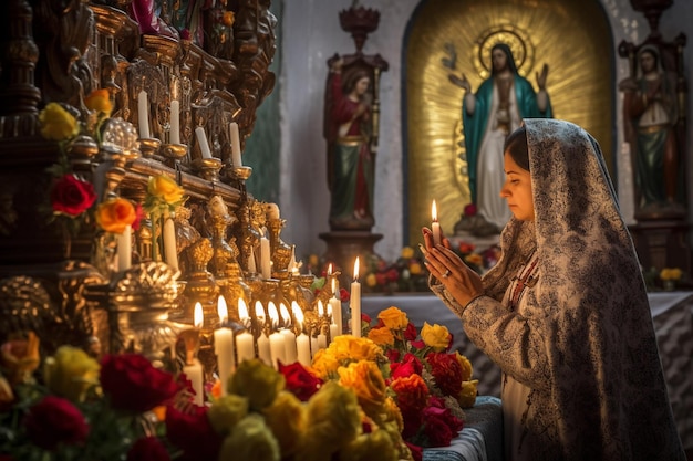 Une femme allume une bougie dans une église