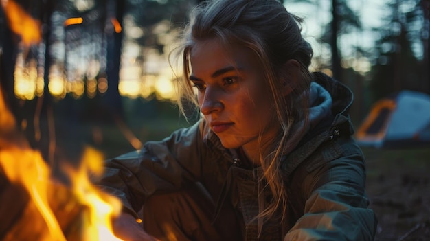 Une femme allume un feu dans la forêt la nuit.