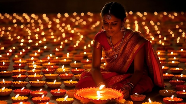 Une femme allume une lampe avec le mot diwali dessus.