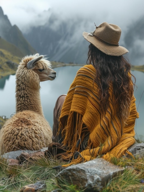 une femme et un alpaca