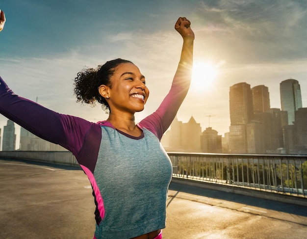 Une femme américaine afro-américaine fortement motivée célèbre des objectifs d'entraînement en courant vers le soleil.
