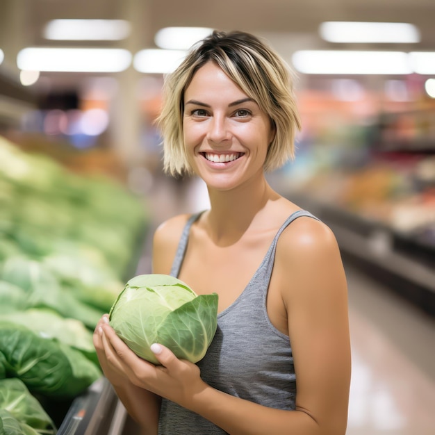Femme américaine souriante portant un débardeur dans un supermarché tenant un chou qu'elle a acheté en arrière-plan