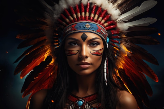 Femme amérindienne souriante portant une coiffure indienne avec des plumes