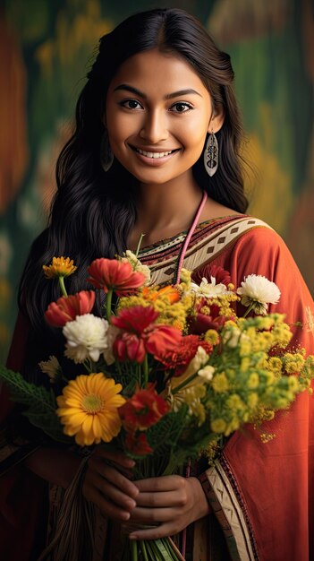 Femme amérindienne tenant un fleuriste de bouquet de fleurs