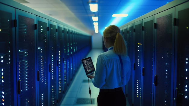 Une femme analyse des données sur une tablette dans la salle des serveurs