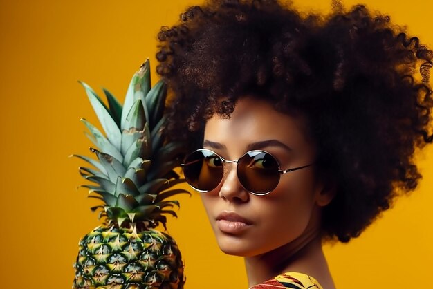 Une femme avec un ananas sur la tête