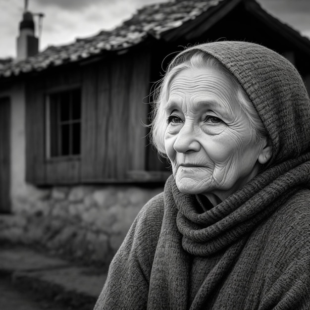 Une femme ancienne dans un village