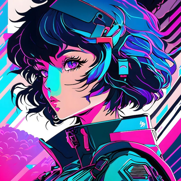 une femme d'anime avec un style futuriste et des lumières au néon