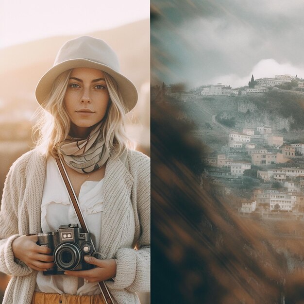 Une femme avec un appareil photo et une photo d’un village en arrière-plan