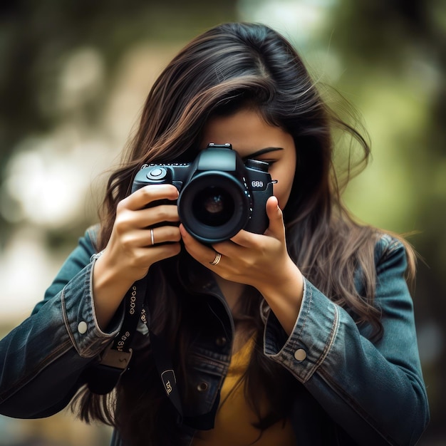 Une femme avec un appareil photo qui porte une veste qui dit nikon.