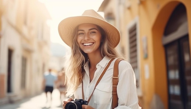 Photo une femme avec un appareil photo sur son épaule prend une photo