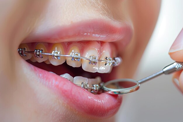 Photo une femme avec des appareils orthopédiques sur ses dents et une chaîne d'argent