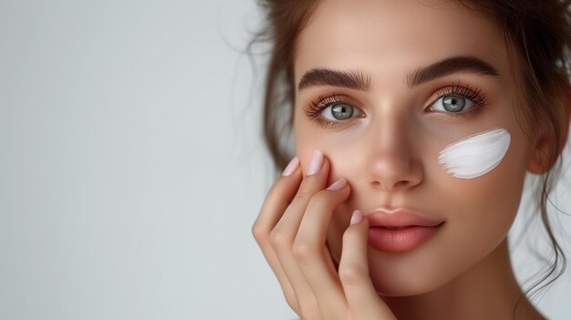 Femme appliquant de la crème hydratante sur la routine de soins du visage avec de l'espace pour le texte