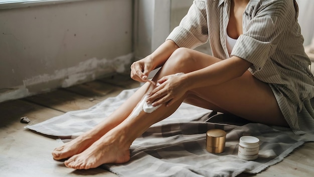 Une femme appliquant de la crème sur les jambes