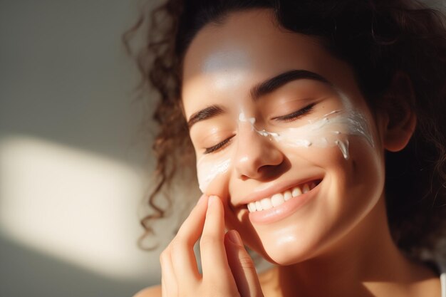 Photo femme appliquant de la crème sur les joues soin de la peau de près lumière naturelle