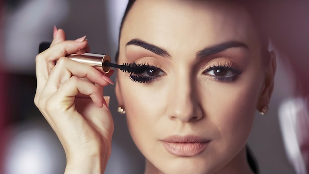 Une femme appliquant du mascara sur ses cils macro shot