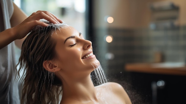 Femme appliquant du shampooing et massant les cheveux d'un client Femme ayant ses cheveux lavés dans une coiffeuse