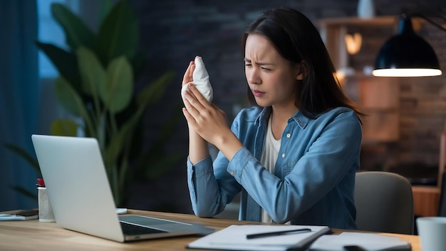 Photo une femme applique une compresse froide à son poignet douloureux causé par un travail prolongé sur l'ordinateur portable