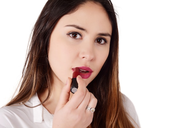 Femme, appliquer, rouge à lèvres.