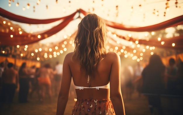 Une femme appréciant un concert en direct et debout devant une foule enthousiaste AI