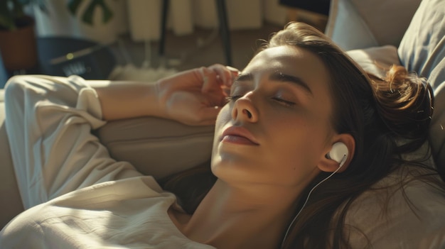 Une femme appréciant la musique dans un moment de tranquillité baignée dans la douce lumière du soleil