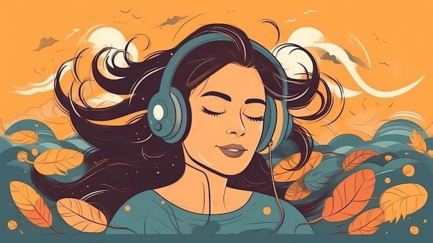 Une femme appréciant la musique à travers des écouteurs Generative ai