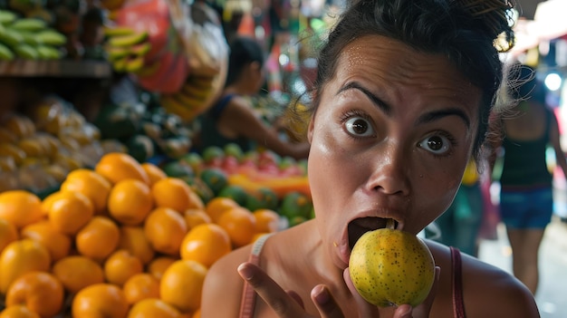 Photo une femme apprécie un ananas au marché en savourant la nourriture naturelle aig