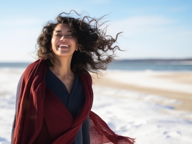 La femme apprécie la journée d'hiver dans une pose émotionnelle et ludique