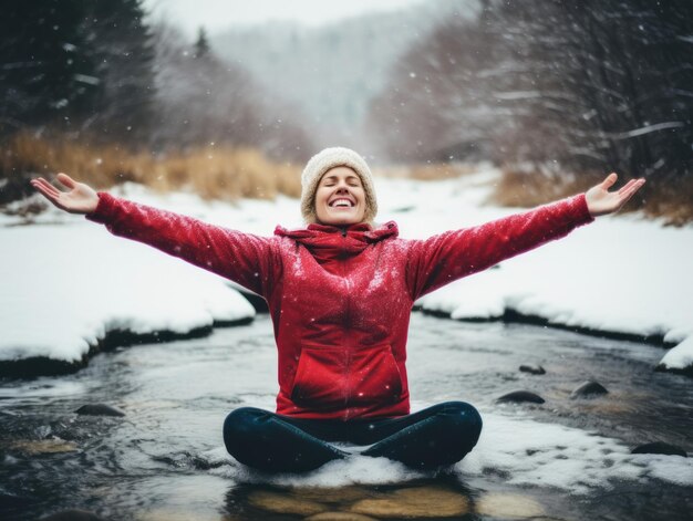 La femme apprécie la journée d'hiver dans une pose émotionnelle et ludique