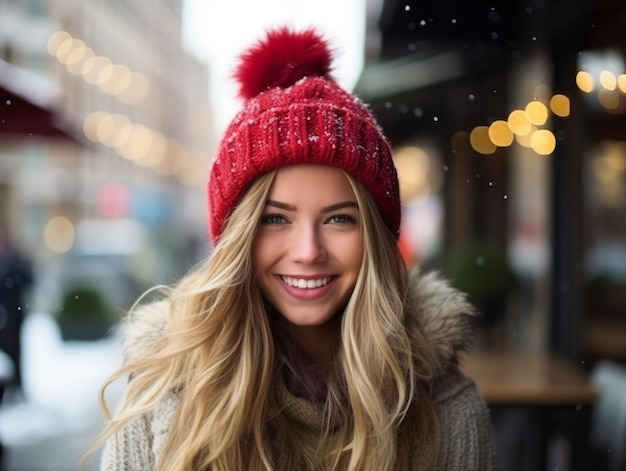 La femme apprécie la journée d'hiver dans une pose émotionnelle et ludique