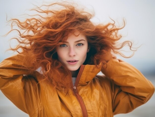 La femme apprécie la journée d'hiver dans une pose émotionnelle et ludique