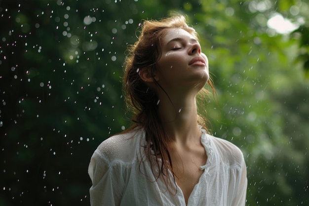 Une femme apprécie la sérénité d'une pluie d'été