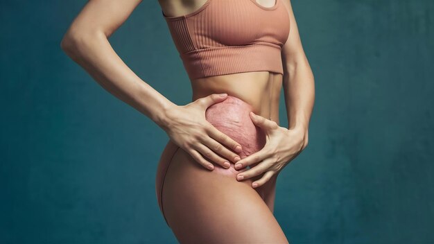 Photo la femme appuie une peau sur une hanche pour vérifier une vue de profil de cellulite