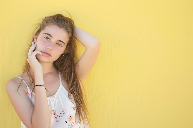 Une femme appuyée contre un mur jaune