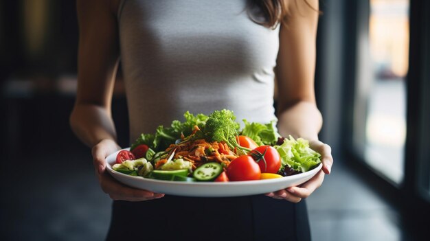 femme après l'entraînement avec une assiette de salade saine concept de vie saine AI IA générative