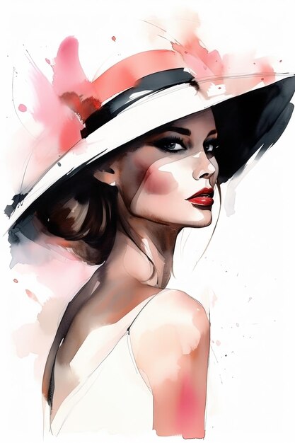 Femme aquarelle avec illustration de mode portrait chapeau sur fond blanc Ai généré