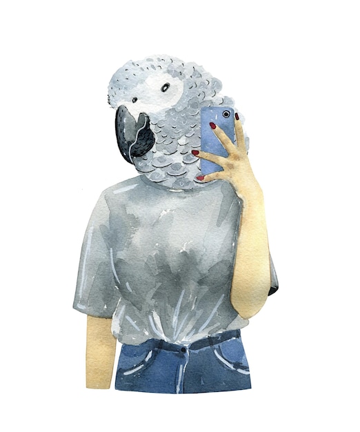 Femme aquarelle avec tête de perroquet prenant selfie art moderne