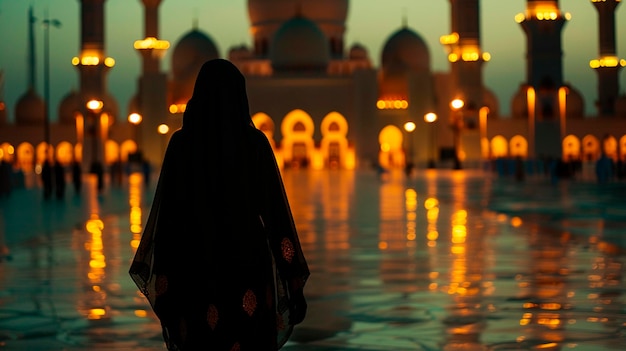 Une femme arabe en burqa regarde la mosquée Focus sélectif