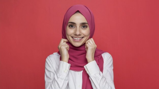 Une femme arabe heureuse en hijab portrait d'une fille souriante posant sur un fond de studio rouge