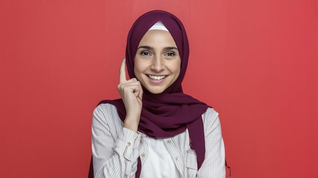 Une femme arabe heureuse en hijab portrait d'une fille souriante posant sur un fond de studio rouge