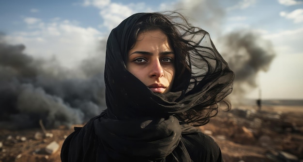 Femme arabe avec hijab avec fond de guerre