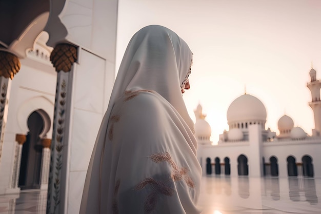 Femme arabe en hijab près de la mosquée Generative AI 1
