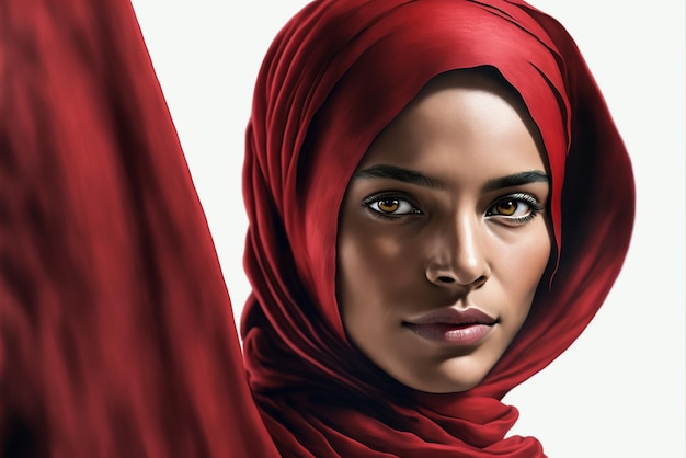 Femme arabe avec hijab rouge sur fond blanc Art généré par Ai