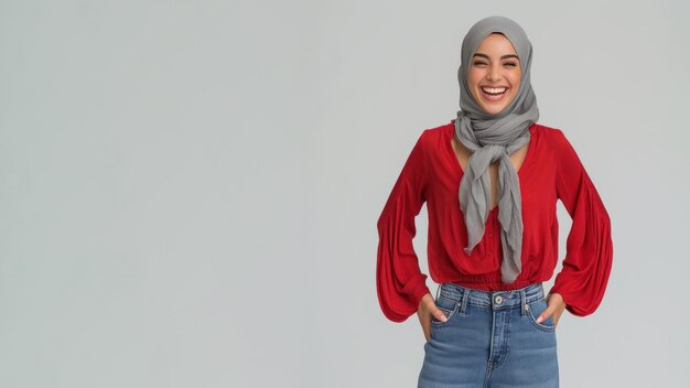 Une femme arabe portant une chemise rouge souriante riant à haute voix isolée sur le gris